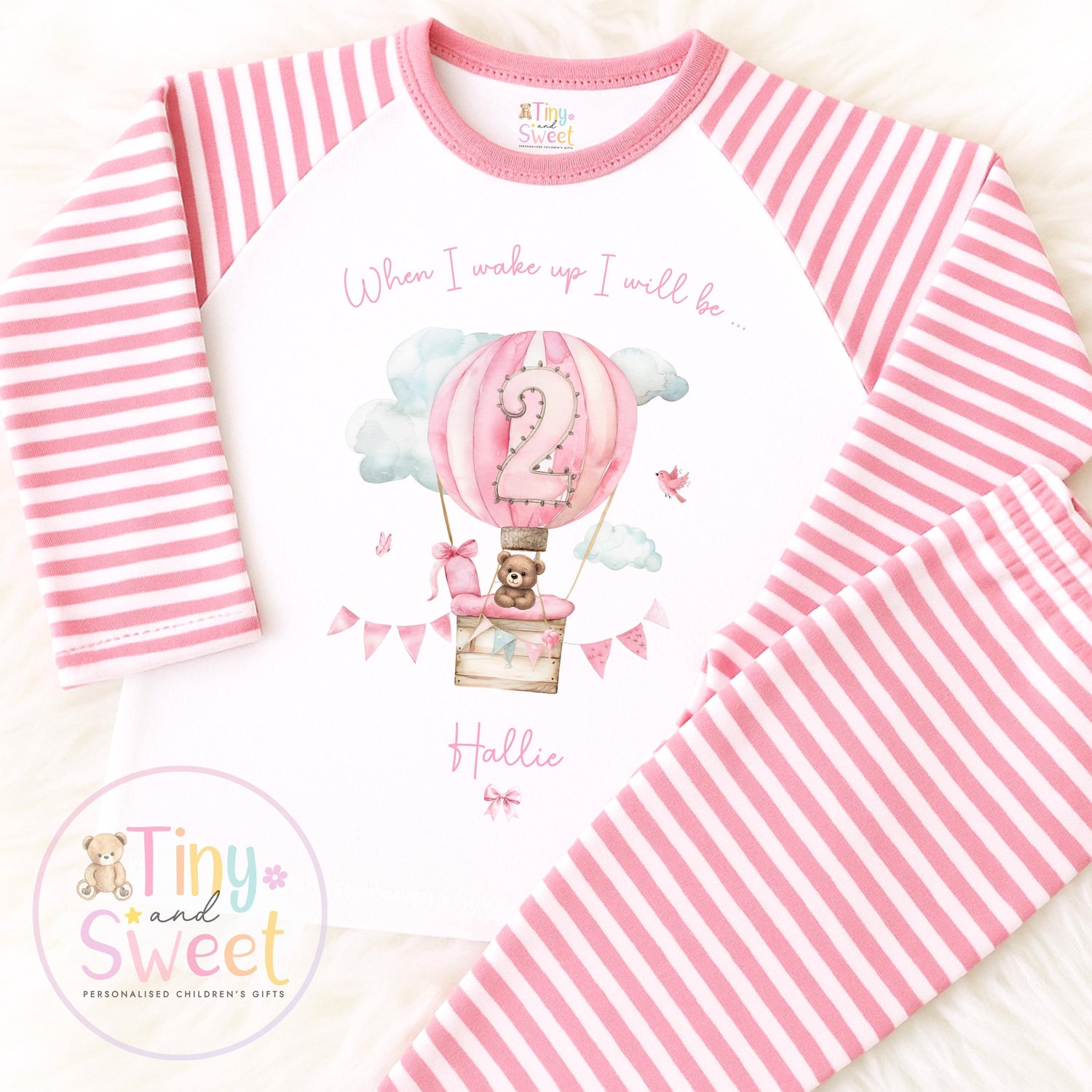 Personalised Pink Hot Air Balloon Birthday Pyjamas – Girls ‘When I Wake Up I’ll Be…’ PJs – Toddler Birthday Pjs, Cute Teddy Bear Pyjamas