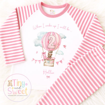 Personalised Pink Hot Air Balloon Birthday Pyjamas – Girls ‘When I Wake Up I’ll Be…’ PJs – Toddler Birthday Pjs, Cute Teddy Bear Pyjamas