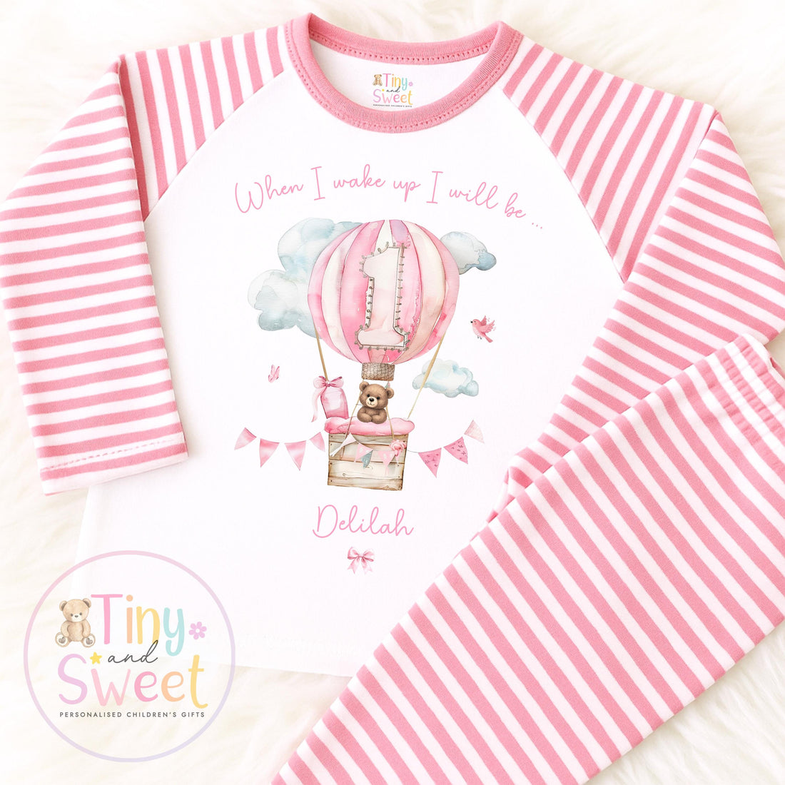 Personalised Pink Hot Air Balloon Birthday Pyjamas – Girls ‘When I Wake Up I’ll Be…’ PJs – Toddler Birthday Pjs, Cute Teddy Bear Pyjamas