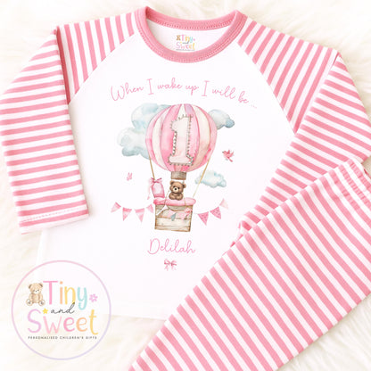 Personalised Pink Hot Air Balloon Birthday Pyjamas – Girls ‘When I Wake Up I’ll Be…’ PJs – Toddler Birthday Pjs, Cute Teddy Bear Pyjamas