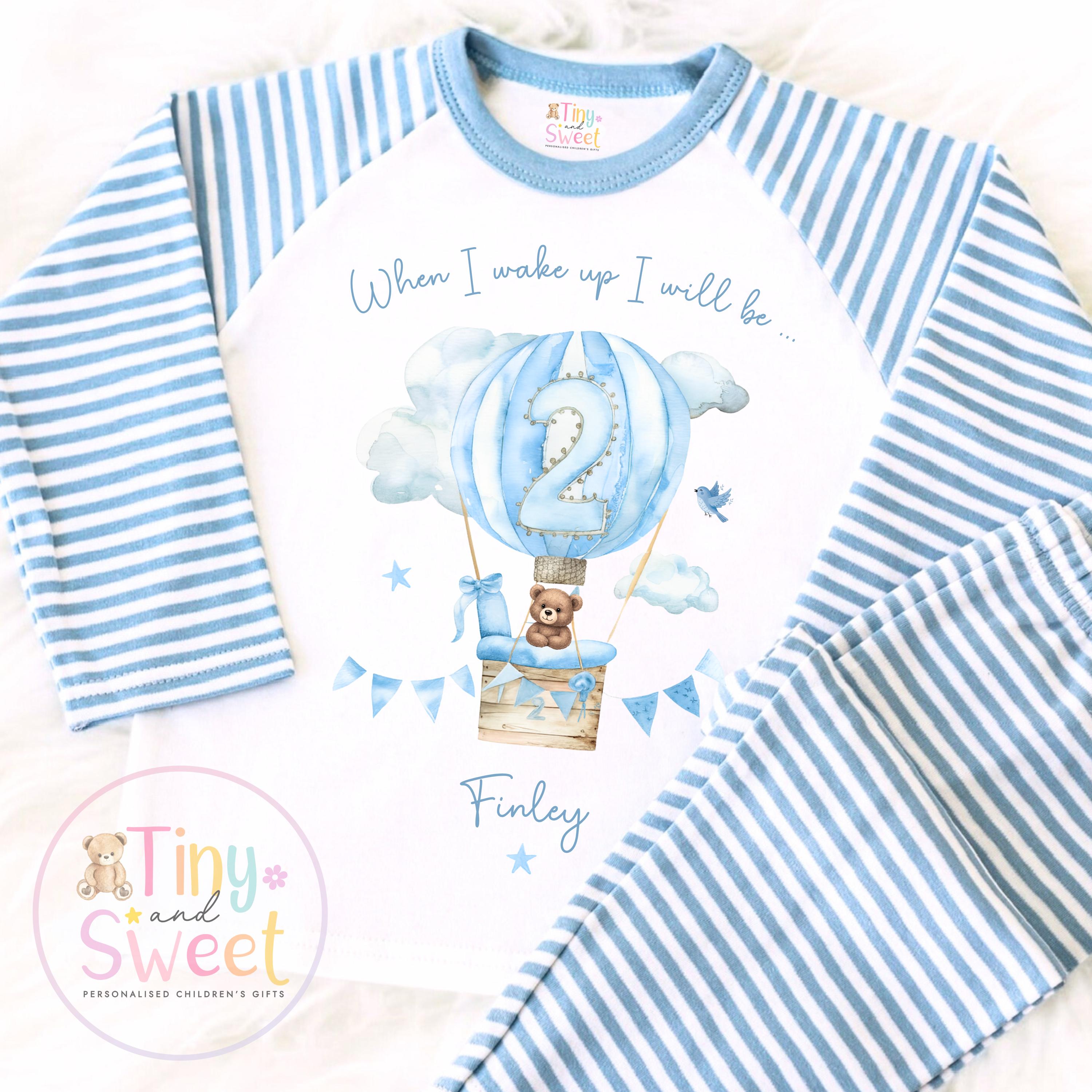 Personalised Blue Hot Air Balloon Birthday Pyjamas – Boys ‘When I Wake Up I’ll Be…’ PJs – Toddler Birthday Pjs, Cute Teddy Bear Pyjamas