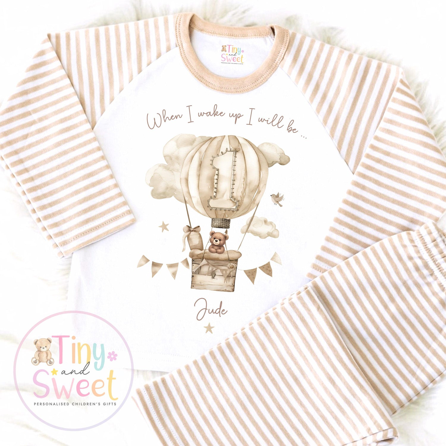 Personalised Beige Hot Air Balloon Birthday Pyjamas – Boys ‘When I Wake Up I’ll Be…’ PJs – Toddler Birthday Pjs, Cute Teddy Bear Pyjamas