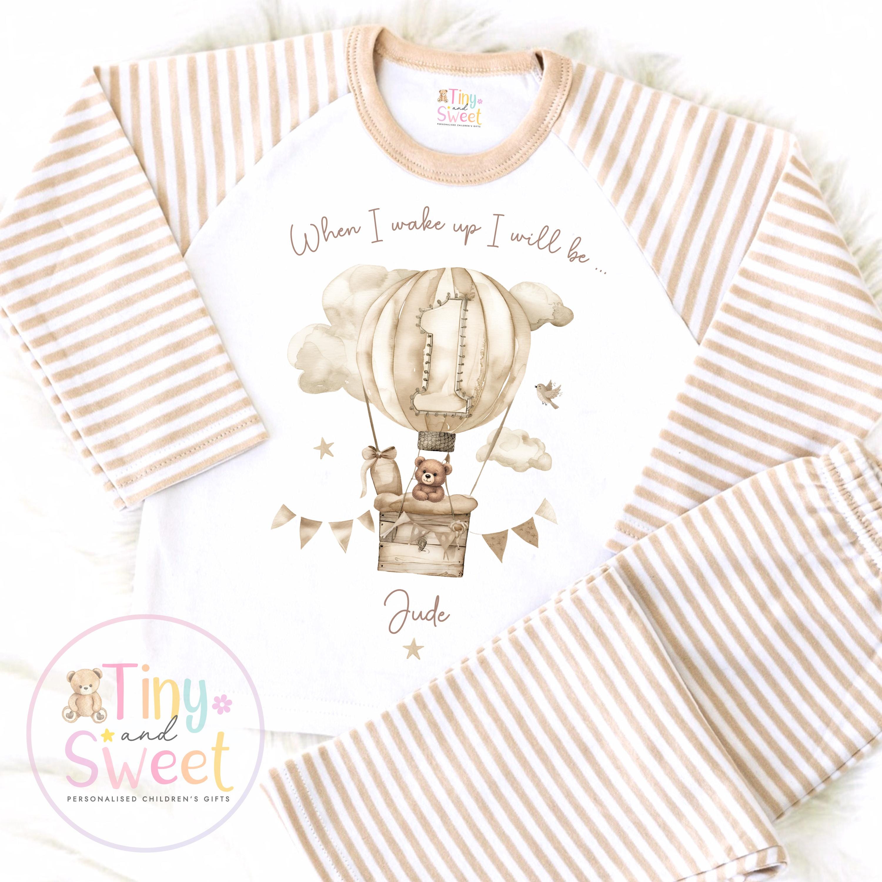 Personalised Beige Hot Air Balloon Birthday Pyjamas – Boys ‘When I Wake Up I’ll Be…’ PJs – Toddler Birthday Pjs, Cute Teddy Bear Pyjamas