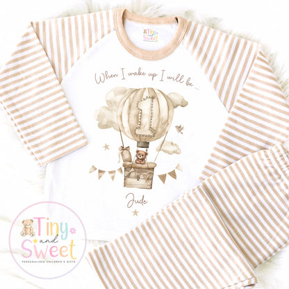 Personalised Beige Hot Air Balloon Birthday Pyjamas – Boys ‘When I Wake Up I’ll Be…’ PJs – Toddler Birthday Pjs, Cute Teddy Bear Pyjamas