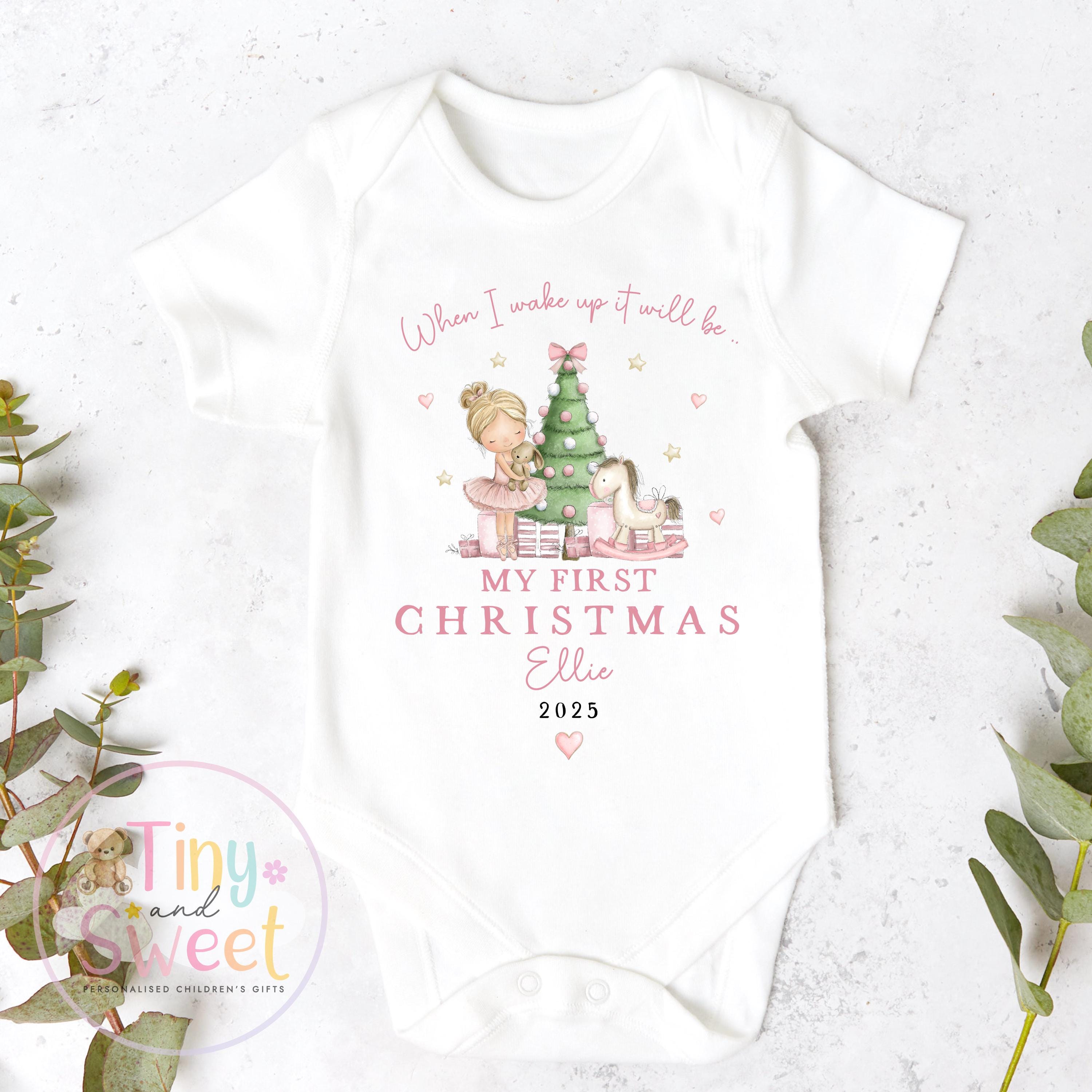 Personalised My First Christmas Ballerina Nutcracker Sleepsuit, When I wake up it will be christmas, Babies 1st Christmas, New Baby first