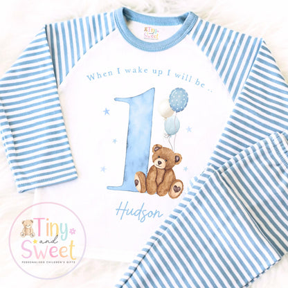 Blue Teddy Bear Birthday Pyjamas, When I Wake Up I’ll Be..., Teddy Bear Birthday PJs, Blue Boys Sleepwear, Personalised Teddy Toddler Pjs