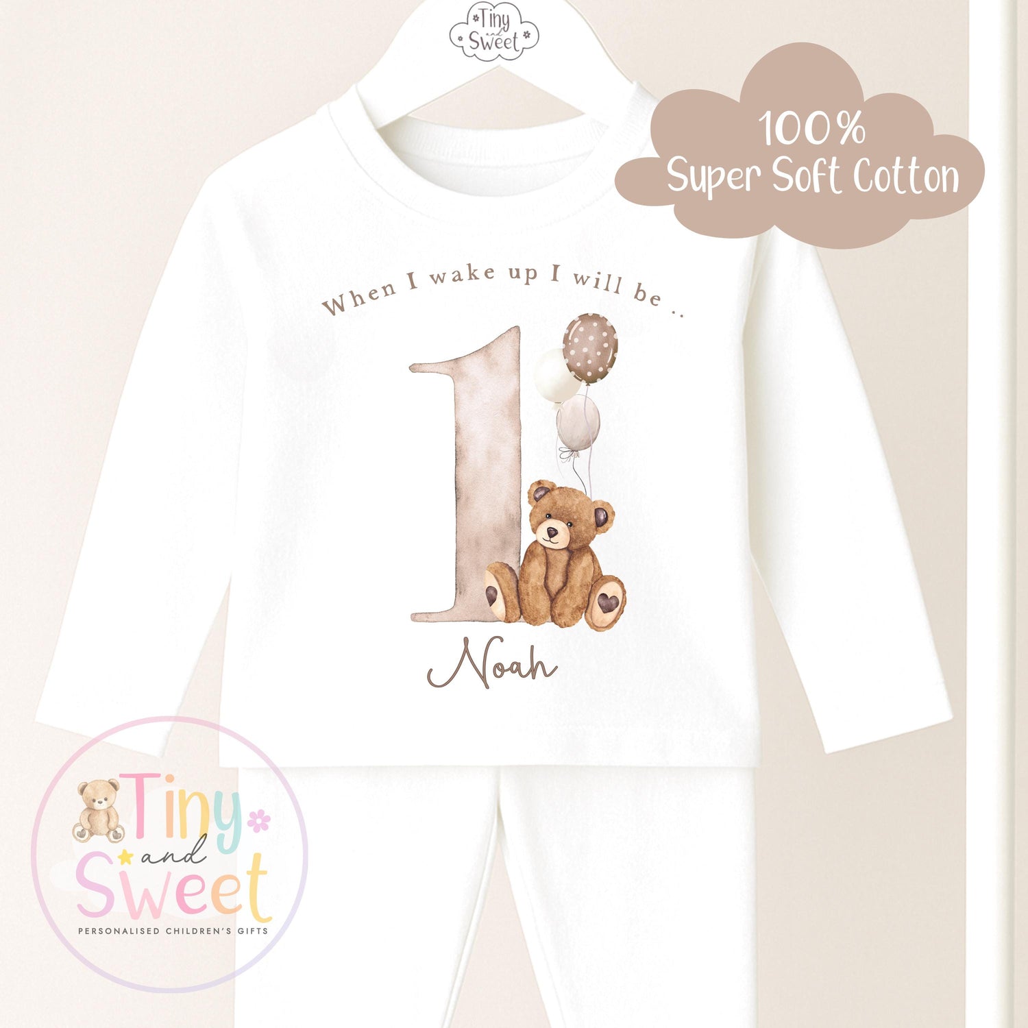 Beige Teddy Bear Birthday Pyjamas, When I Wake Up I’ll Be..., Teddy Bear Birthday PJs, Beige Boys Girls Sleepwear, Personalised Teddy Pjs
