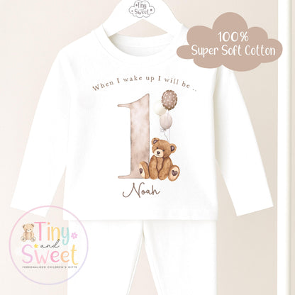 Beige Teddy Bear Birthday Pyjamas, When I Wake Up I’ll Be..., Teddy Bear Birthday PJs, Beige Boys Girls Sleepwear, Personalised Teddy Pjs