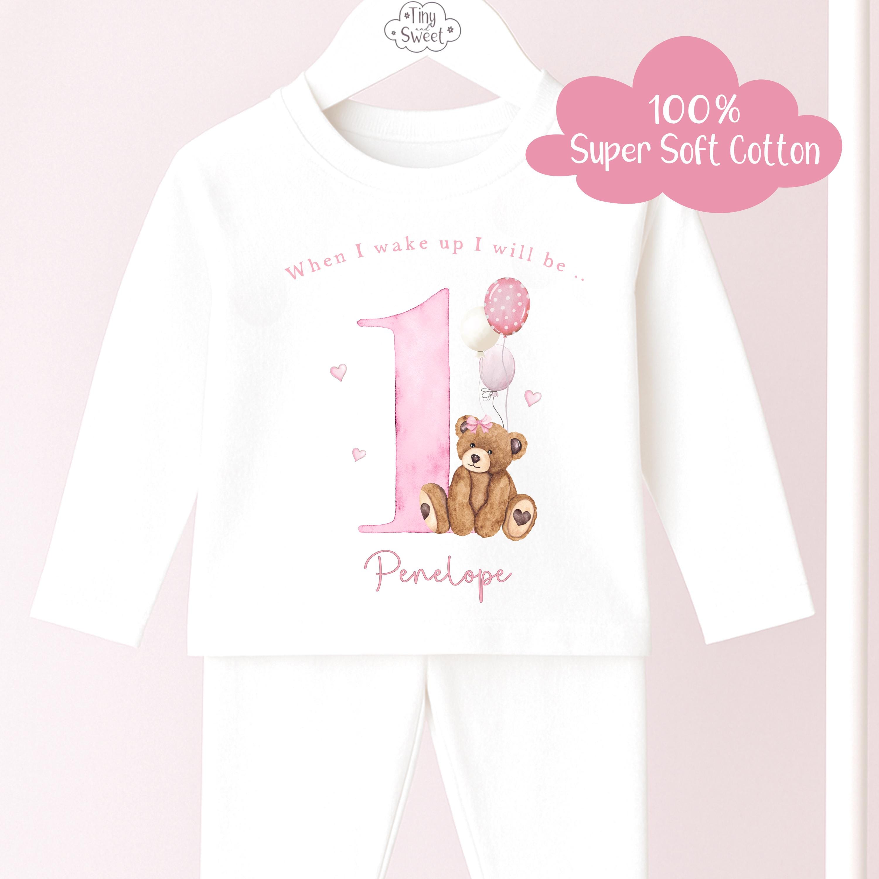 Pink Teddy Bear Birthday Pyjamas, When I Wake Up I’ll Be..., Teddy Bear Birthday PJs, Pink Girls Sleepwear, Personalised Teddy Pjs