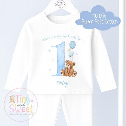 Blue Teddy Bear Birthday Pyjamas, When I Wake Up I’ll Be..., Teddy Bear Birthday PJs, Blue Boys Girls Sleepwear, Personalised Teddy Pjs