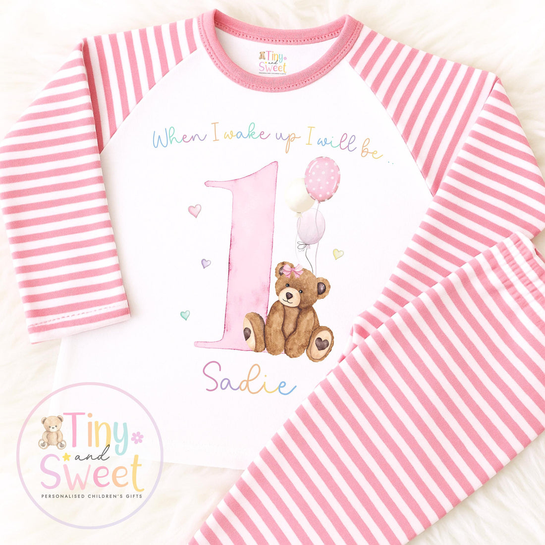 Pastel Rainbow Teddy Bear Birthday Pyjamas, When I Wake Up I’ll Be..., Teddy Bear Birthday PJs, Girls Sleepwear, Personalised Teddy Pjs