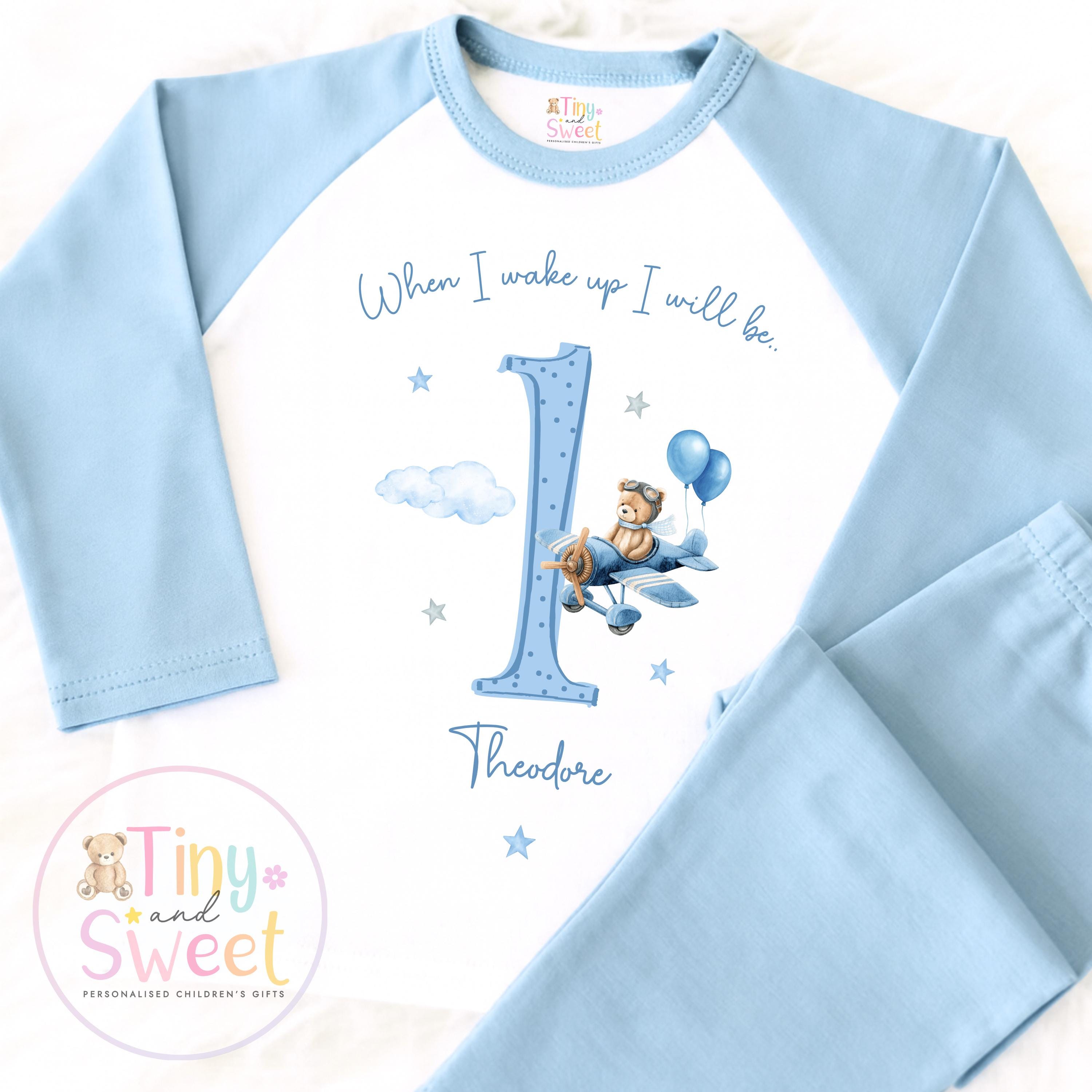 Personalised Blue Air Plane Birthday Pyjamas – Boys ‘When I Wake Up I’ll Be…’ PJs – Toddler Birthday Pjs, Blue Aeroplane Pyjamas