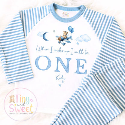 Personalised Blue Air Plane Birthday Pyjamas – Boys ‘When I Wake Up I’ll Be…’ PJs – Toddler Birthday Pjs, Blue Aeroplane Pyjamas
