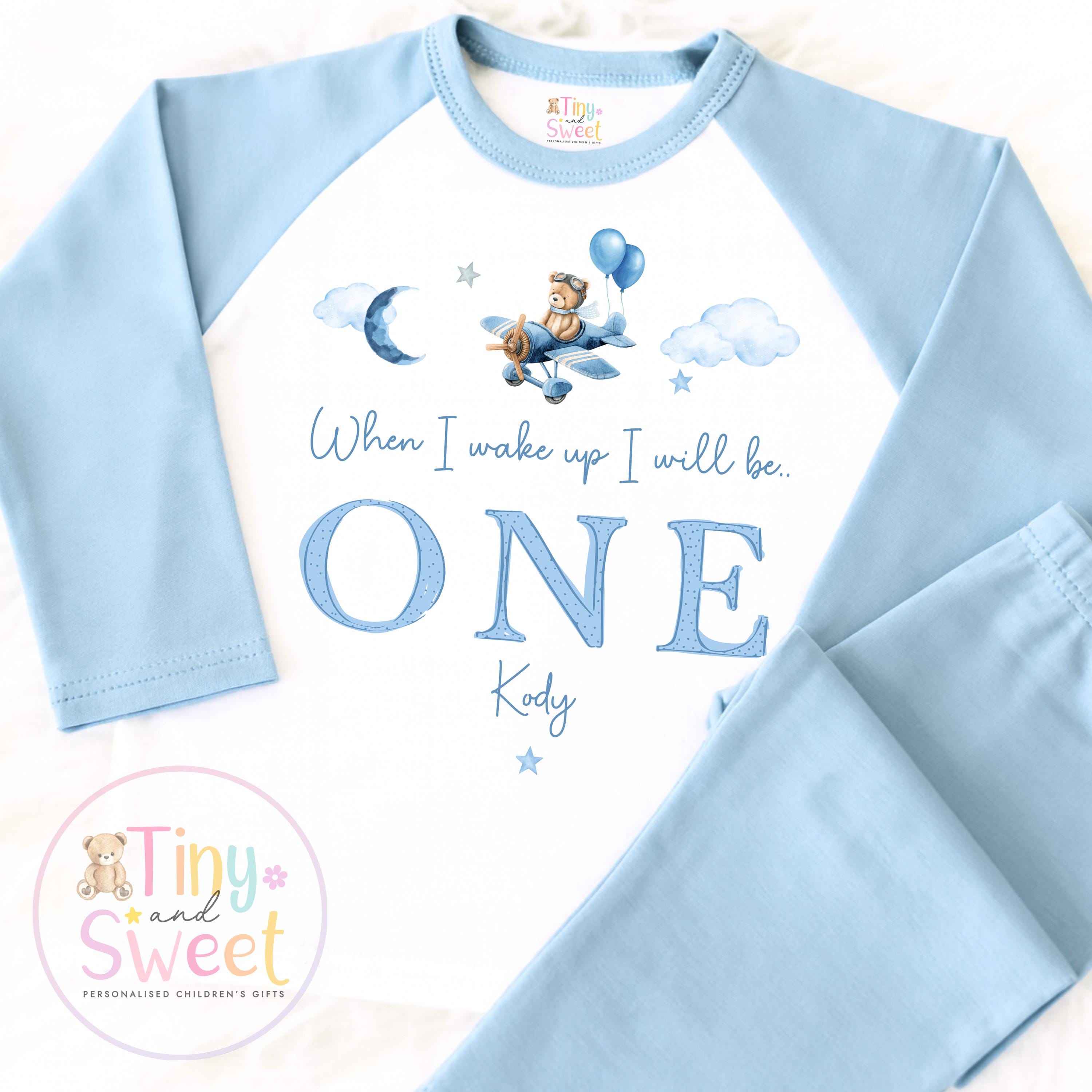 Personalised Blue Air Plane Birthday Pyjamas – Boys ‘When I Wake Up I’ll Be…’ PJs – Toddler Birthday Pjs, Blue Aeroplane Pyjamas
