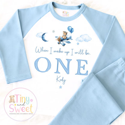 Personalised Blue Air Plane Birthday Pyjamas – Boys ‘When I Wake Up I’ll Be…’ PJs – Toddler Birthday Pjs, Blue Aeroplane Pyjamas