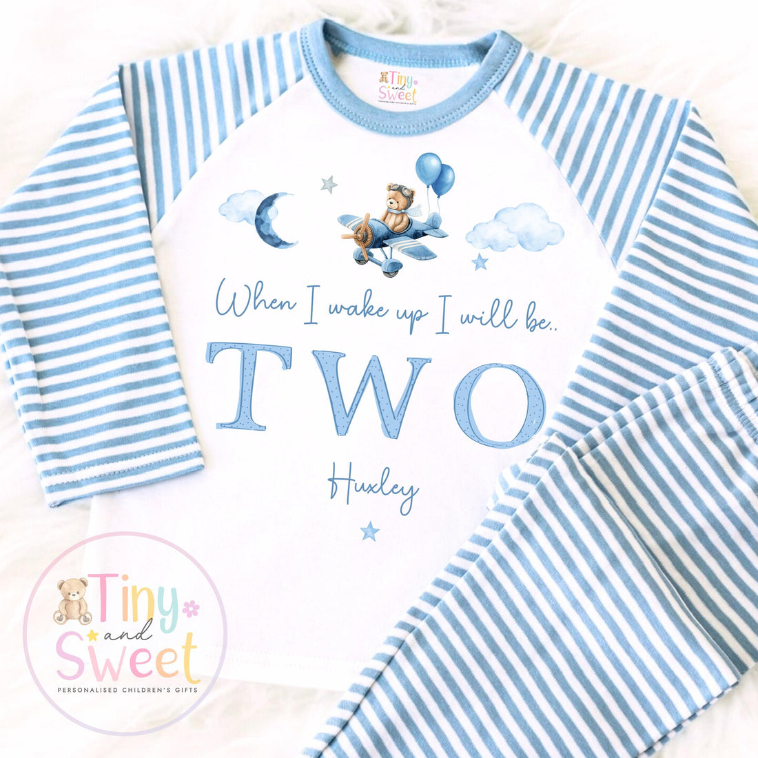 Personalised Blue Air Plane Birthday Pyjamas – Boys ‘When I Wake Up I’ll Be…’ PJs – Toddler Birthday Pjs, Blue Aeroplane Pyjamas