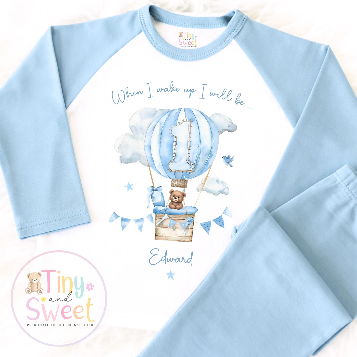 Personalised Blue Hot Air Balloon Birthday Pyjamas – Boys ‘When I Wake Up I’ll Be…’ PJs – Toddler Birthday Pjs, Cute Teddy Bear Pyjamas