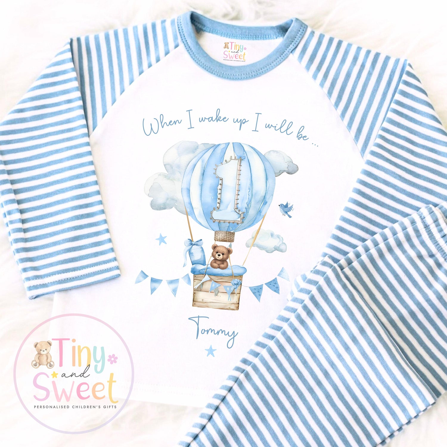 Personalised Blue Hot Air Balloon Birthday Pyjamas – Boys ‘When I Wake Up I’ll Be…’ PJs – Toddler Birthday Pjs, Cute Teddy Bear Pyjamas