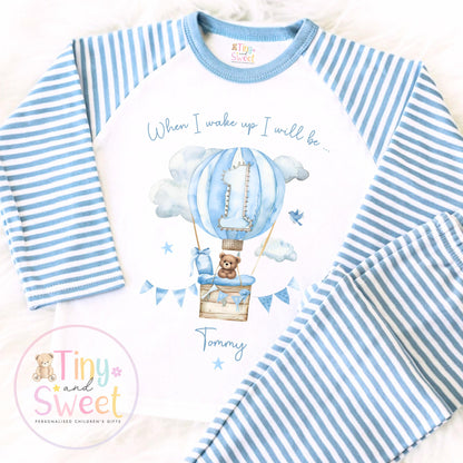 Personalised Blue Hot Air Balloon Birthday Pyjamas – Boys ‘When I Wake Up I’ll Be…’ PJs – Toddler Birthday Pjs, Cute Teddy Bear Pyjamas