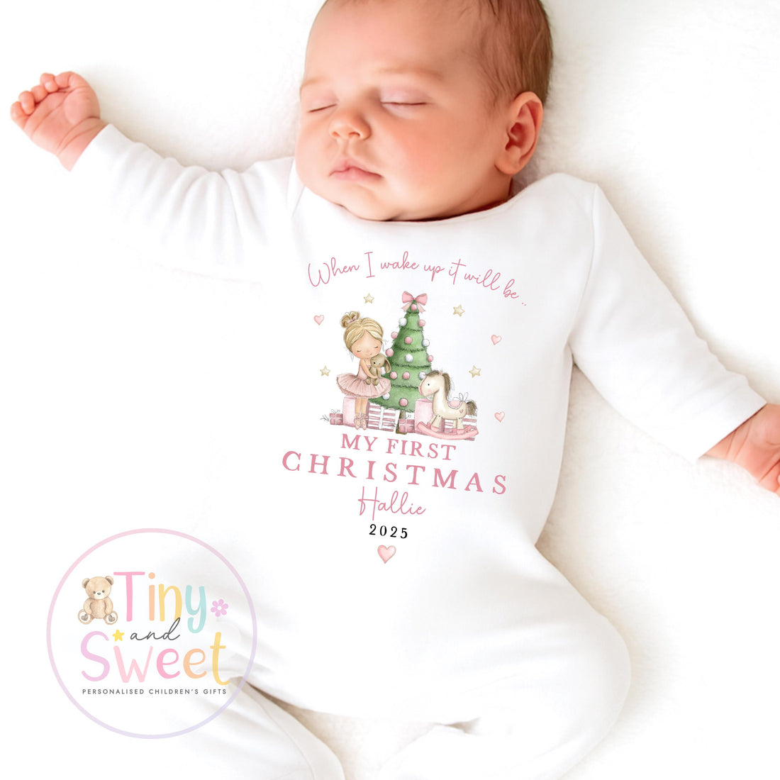 Personalised My First Christmas Ballerina Nutcracker Sleepsuit, When I wake up it will be christmas, Babies 1st Christmas, New Baby first