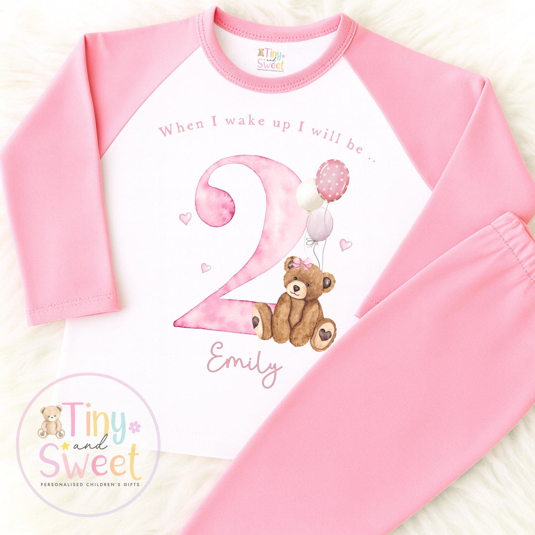 Pink Teddy Bear Birthday Pyjamas, When I Wake Up I’ll Be..., Teddy Bear Birthday PJs, Pink Girls Sleepwear, Personalised Teddy Toddler Pjs