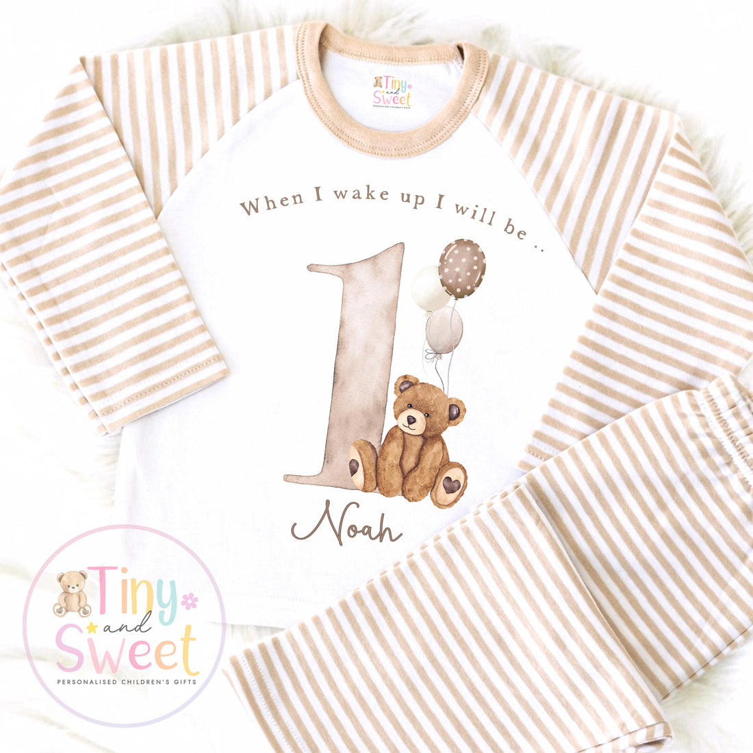 Beige Teddy Bear Birthday Pyjamas, When I Wake Up I’ll Be..., Teddy Bear Birthday PJs, Beige Boys Girls Sleepwear, Personalised Teddy Pjs