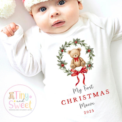Personalised First Christmas Teddy Baby Grow , My First Christmas, Custom Name Sleepsuit, Baby’s First Christmas, Christmas Baby Outfit
