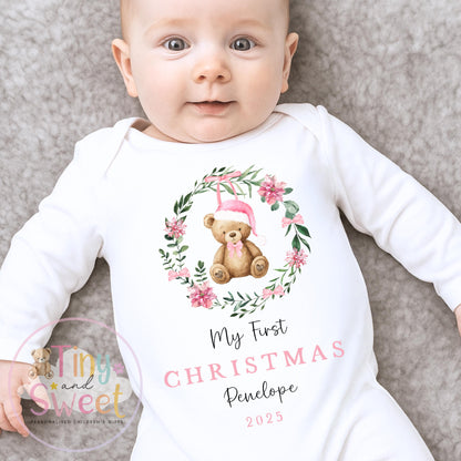 Personalised Babies First Christmas Teddy Bear Sleepsuit, Babies 1st Xmas Gift Idea, Pyjamas, 1st Xmas Babygrow, Christmas Outfit for baby