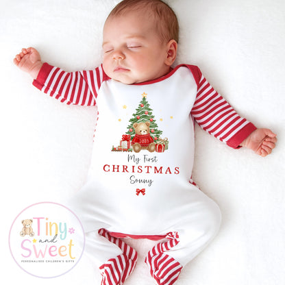 Personalised First Christmas Teddy Bear Baby Grow , My First Christmas, Custom Name Sleepsuit, Baby’s First Christmas, Xmas Baby Outfit
