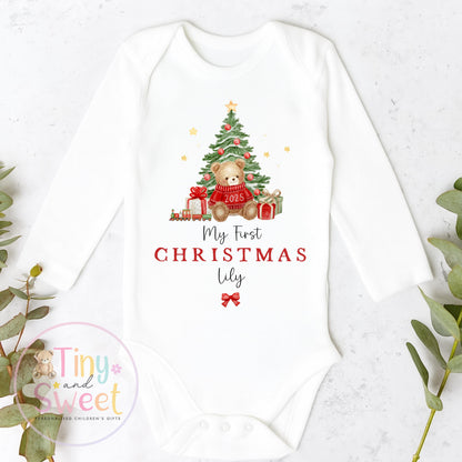 Personalised First Christmas Teddy Bear Baby Grow , My First Christmas, Custom Name Sleepsuit, Baby’s First Christmas, Xmas Baby Outfit