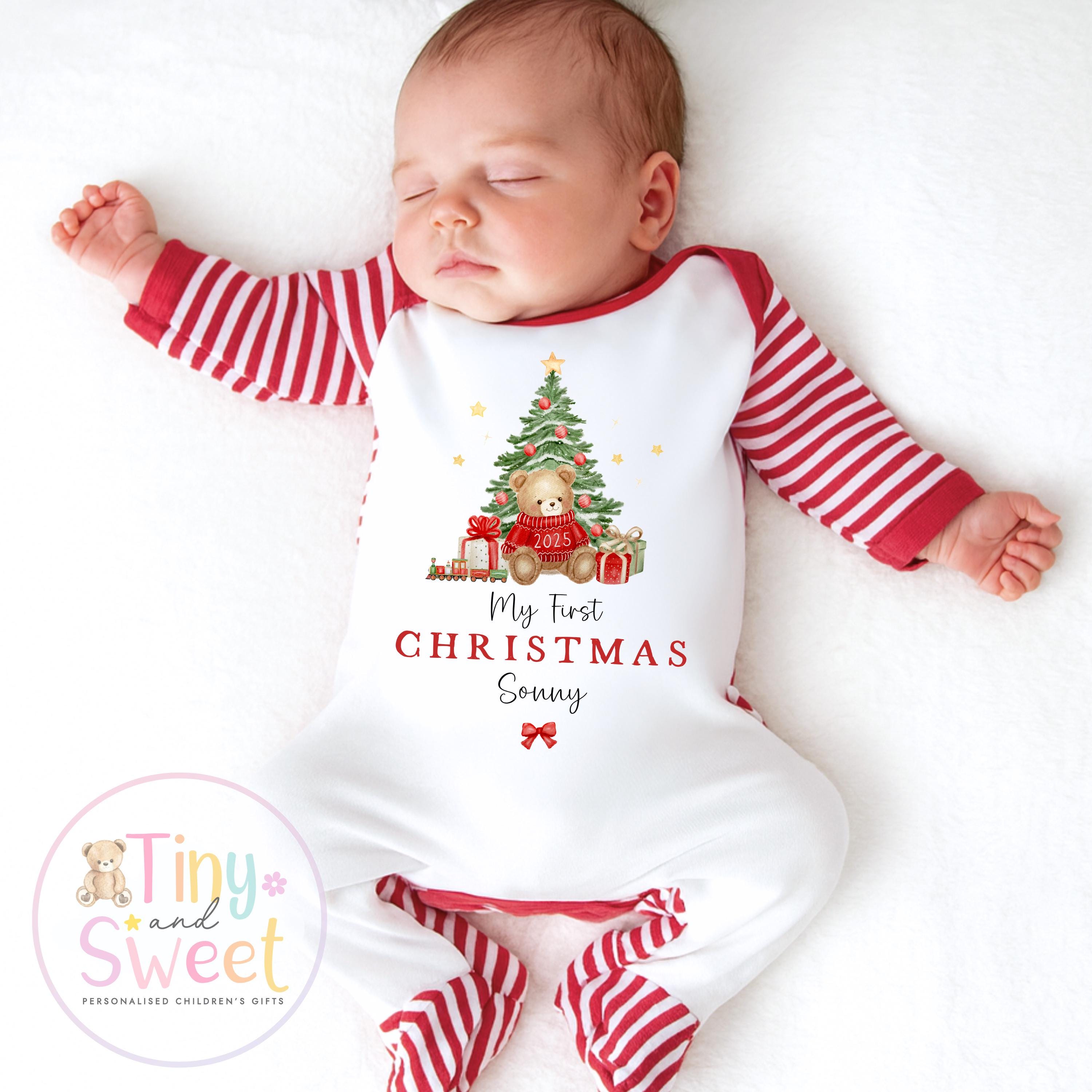 Personalised First Christmas Teddy Bear Baby Grow , My First Christmas, Custom Name Sleepsuit, Baby’s First Christmas, Xmas Baby Outfit