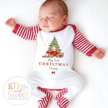 Personalised First Christmas Teddy Bear Baby Grow , My First Christmas, Custom Name Sleepsuit, Baby’s First Christmas, Xmas Baby Outfit