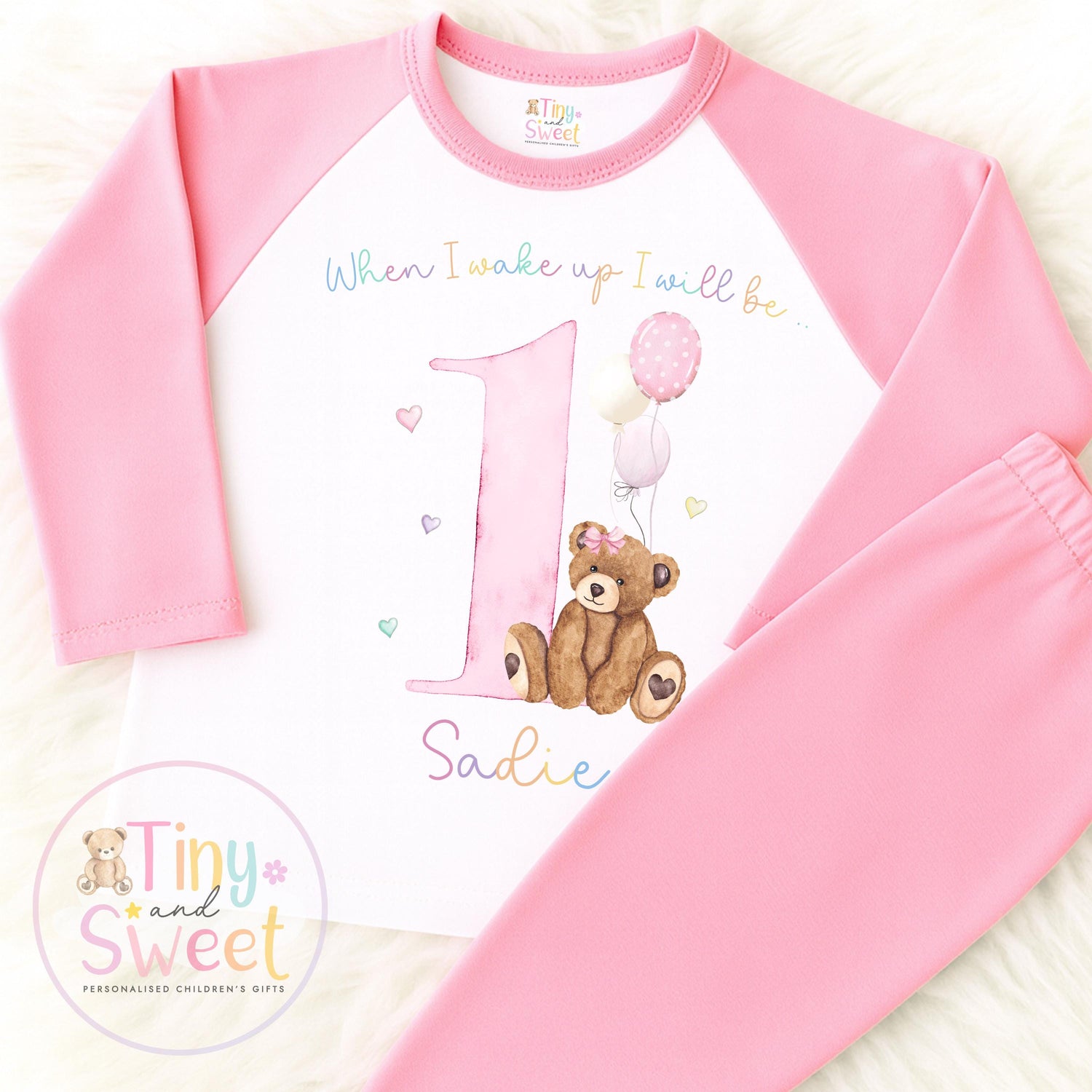 Pastel Rainbow Teddy Bear Birthday Pyjamas, When I Wake Up I’ll Be..., Teddy Bear Birthday PJs, Girls Sleepwear, Personalised Teddy Pjs