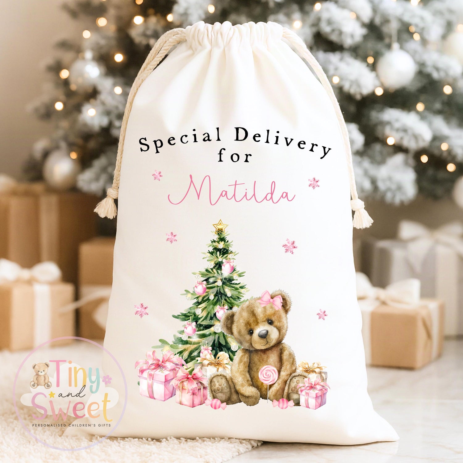 Pink Classic Teddy Personalised Christmas Sack
