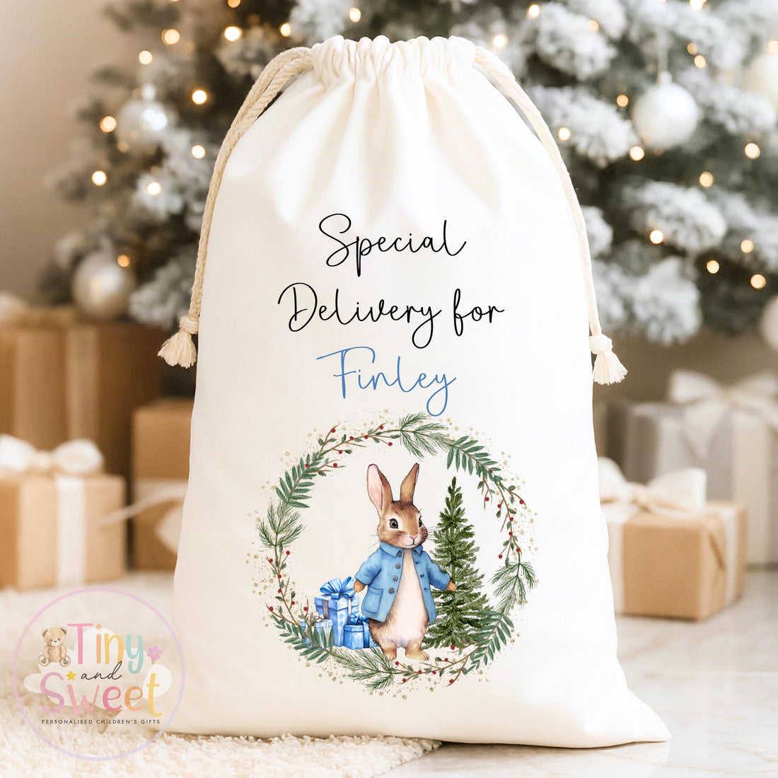Pink Bunny Wreath Personalised Christmas Sack