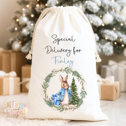 Pink Bunny Wreath Personalised Christmas Sack