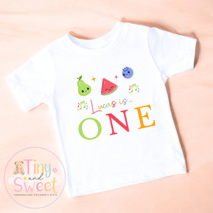 Personalised Dancing Fruit Birthday Sweatshirt, Custom Fruit Birthday Tee, 1st, 2nd, 3rd, 4th, Sensory Fruits Birthday T-Shirt