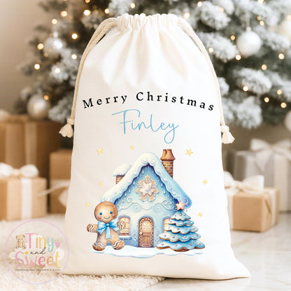 Blue Gingerbread House Personalised Christmas Sack