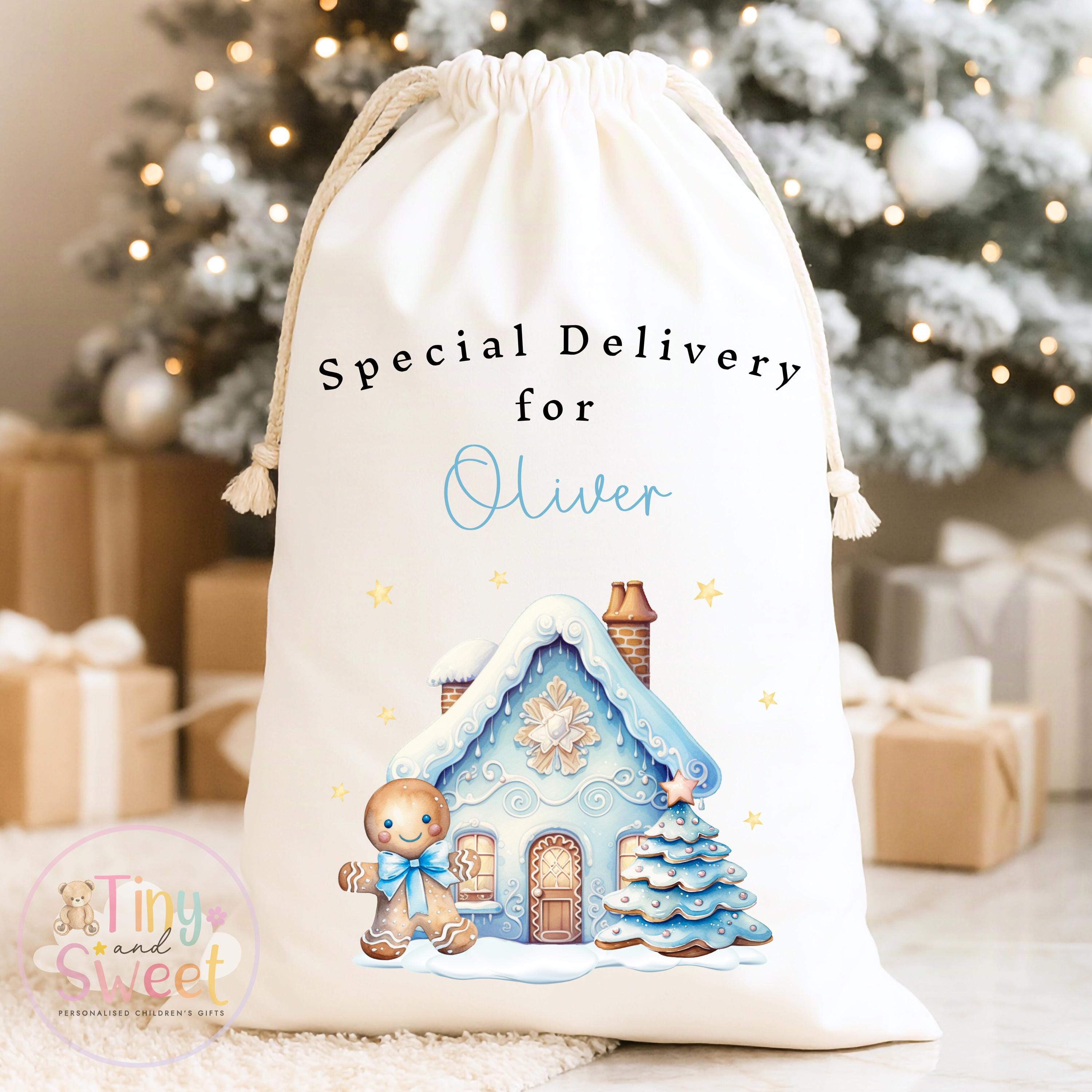 Blue Gingerbread House Personalised Christmas Sack