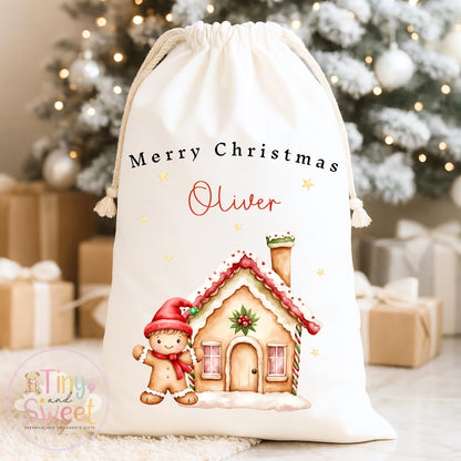 Red Gingerbread House Personalised Christmas Sack