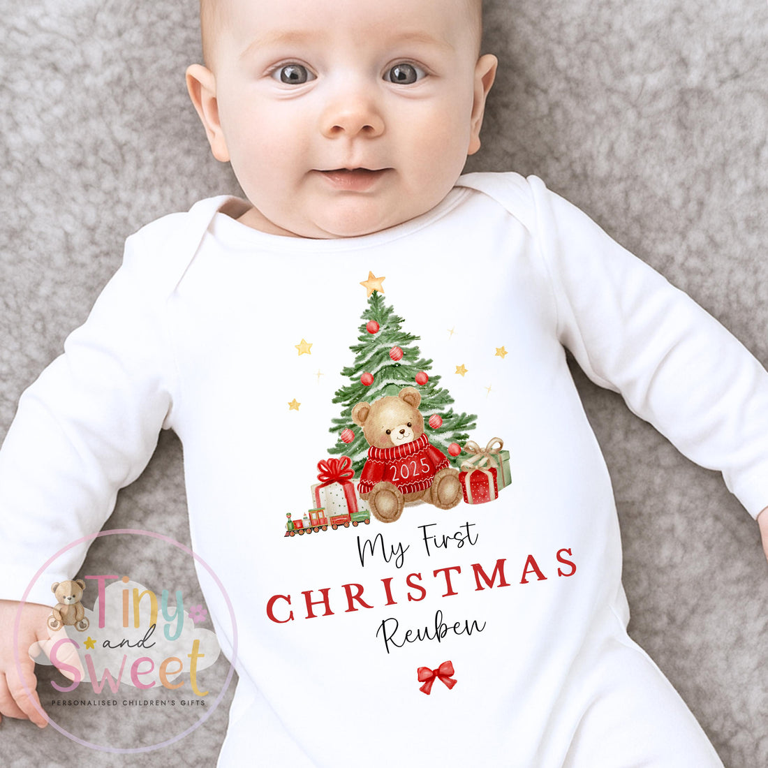 Personalised First Christmas Teddy Bear Baby Grow , My First Christmas, Custom Name Sleepsuit, Baby’s First Christmas, Xmas Baby Outfit