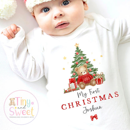 Personalised First Christmas Teddy Bear Baby Grow , My First Christmas, Custom Name Sleepsuit, Baby’s First Christmas, Xmas Baby Outfit