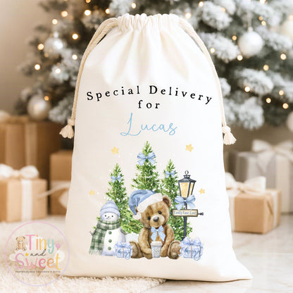 Blue Teddy Bear Winter Wonderland Personalised Christmas Sack