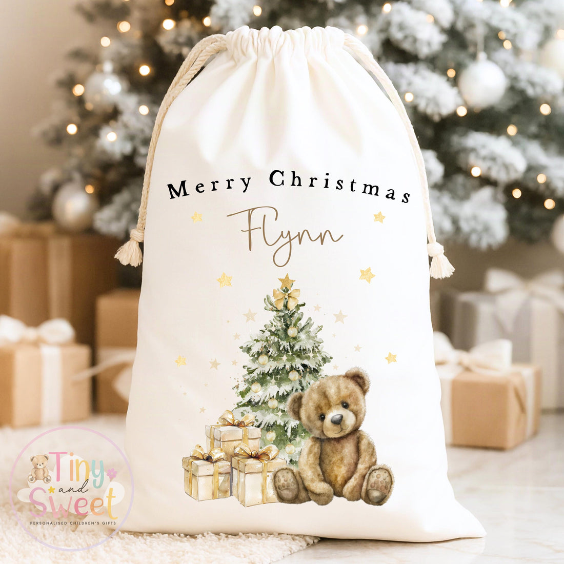 Beige Teddy Bear Winter Wonderland Personalised Christmas Sack