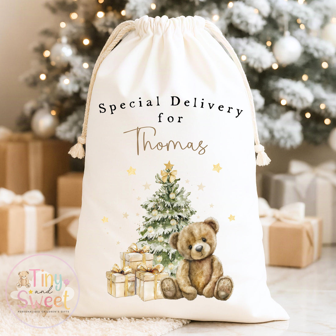 Beige Teddy Bear Winter Wonderland Personalised Christmas Sack