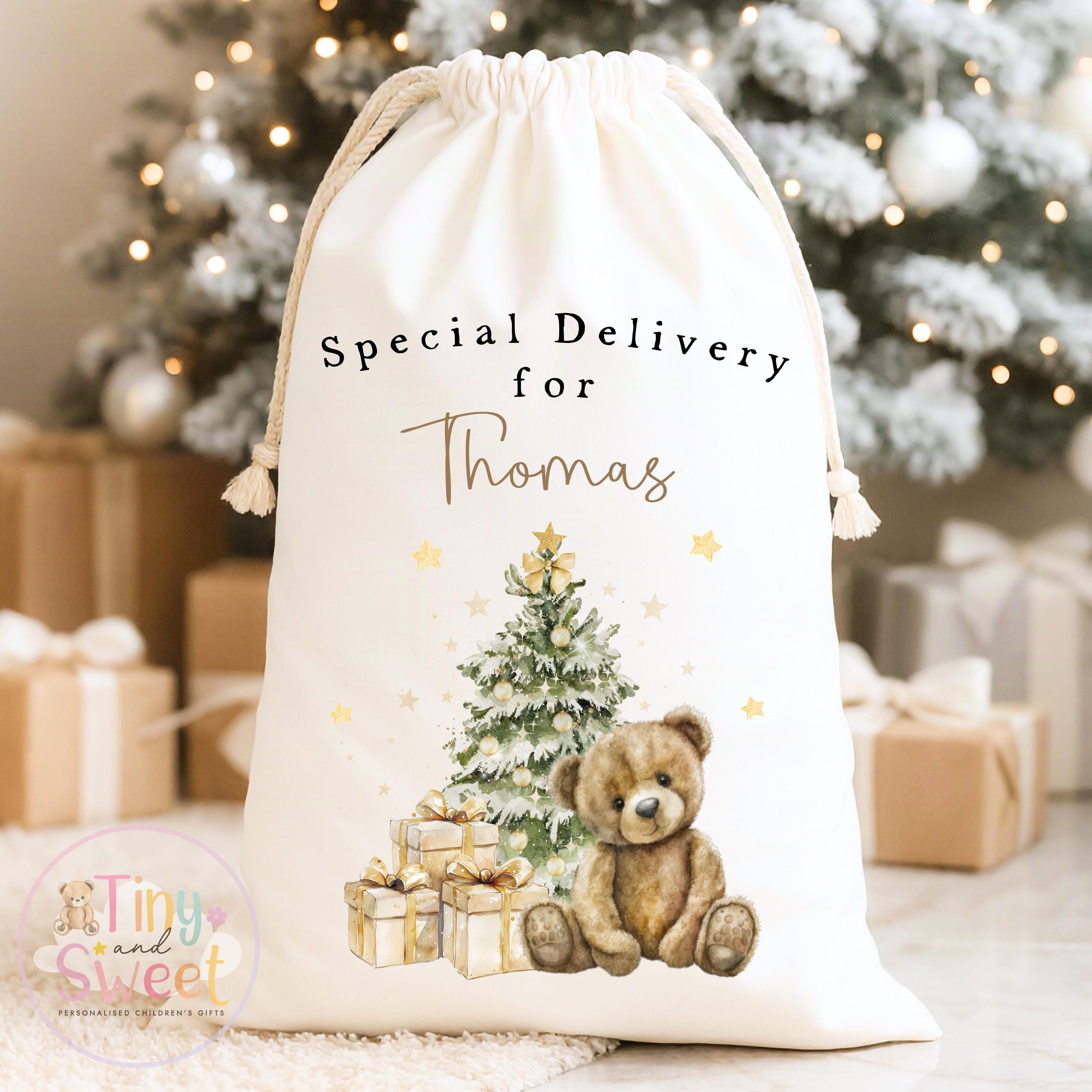 Beige Teddy Bear Winter Wonderland Personalised Christmas Sack