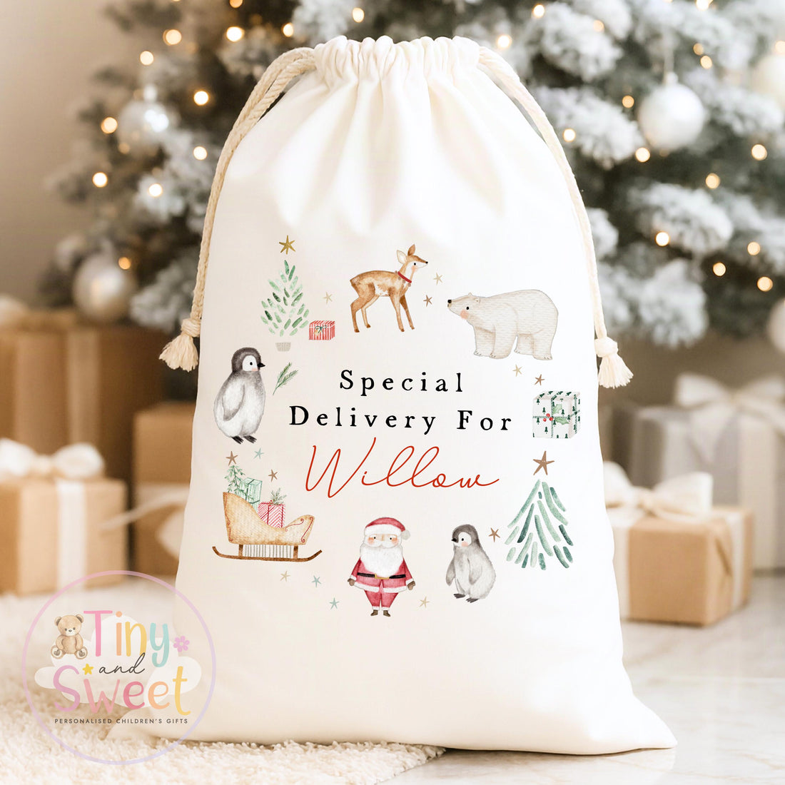 Special Delivery Cute Wreath Personalised Christmas Sack