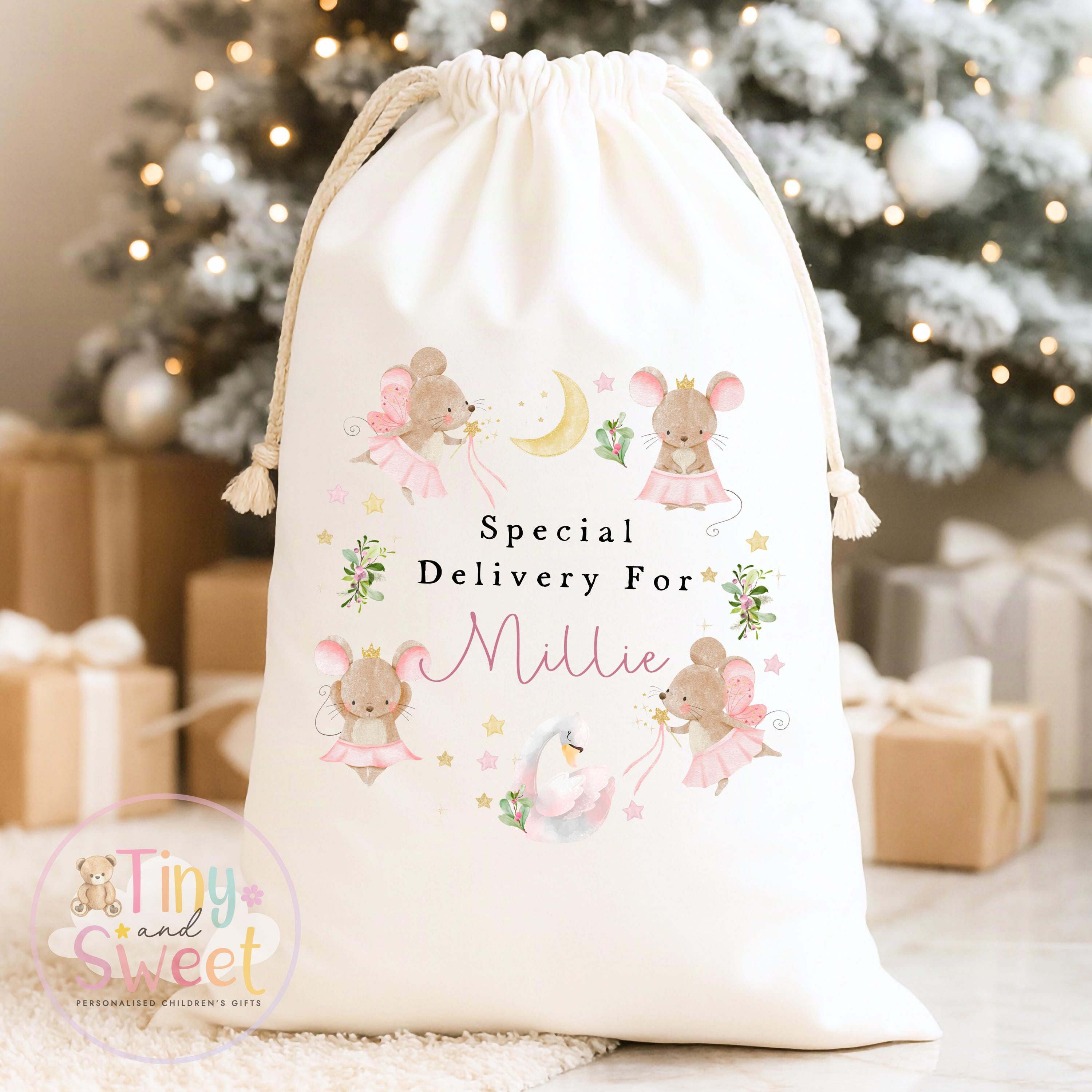 Cute Fairy Mouse Wreath Personalised Christmas Sack