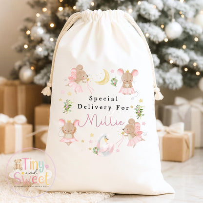 Cute Fairy Mouse Wreath Personalised Christmas Sack