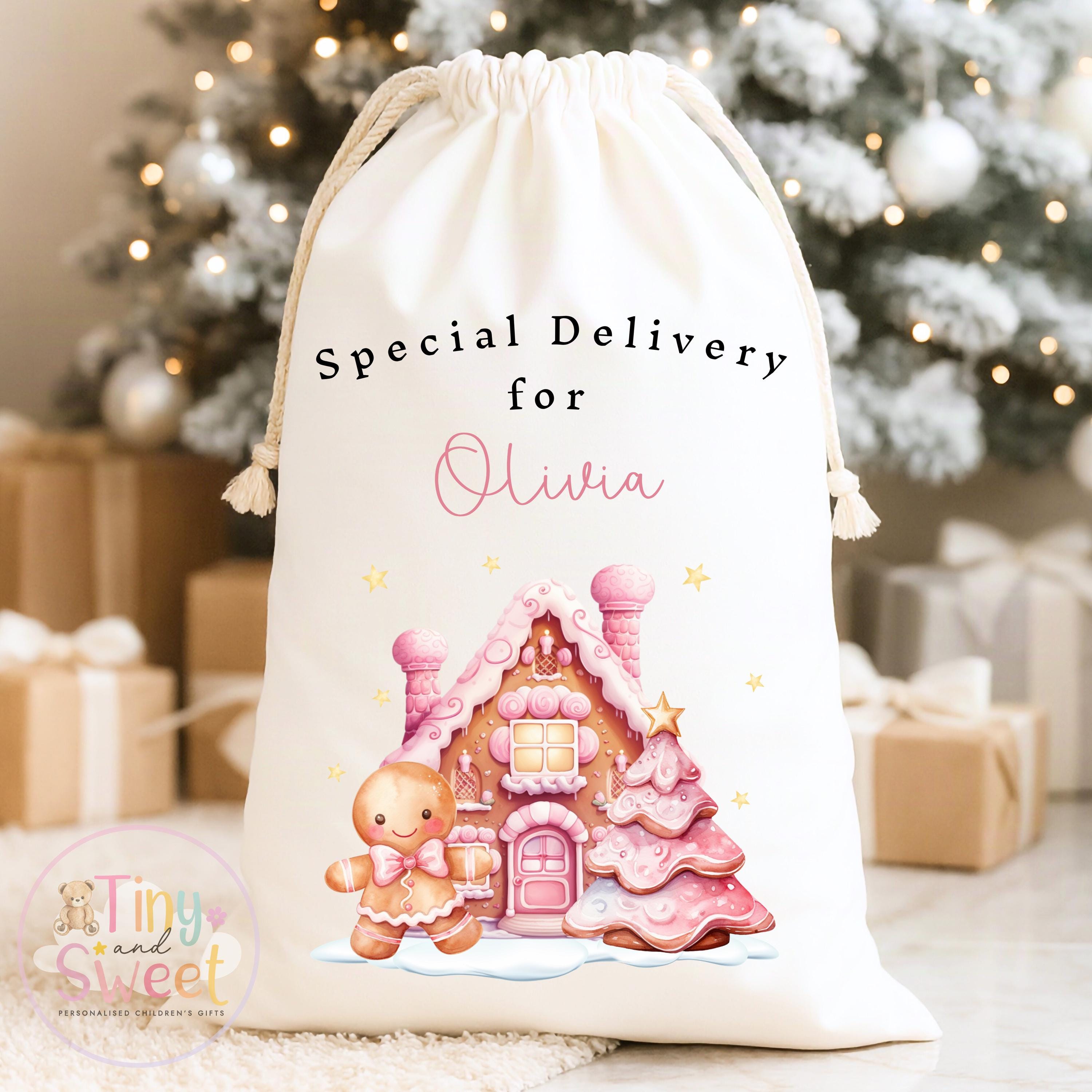 Pink Gingerbread House Personalised Christmas Sack